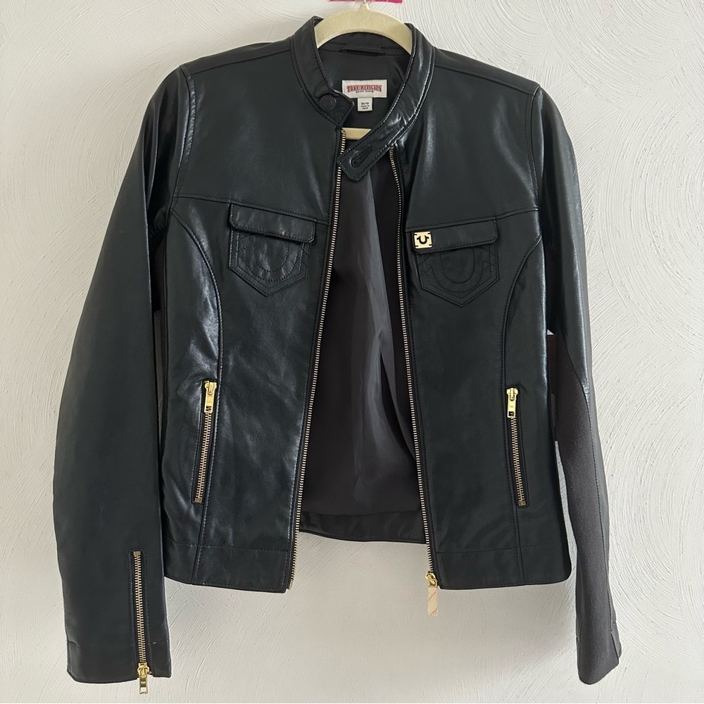 True Religion Black Leather Biker Jacket With Gold Hardware Size XS